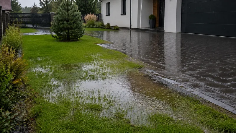 Zalewany podjazd z kostki brukowej po opadach deszczu