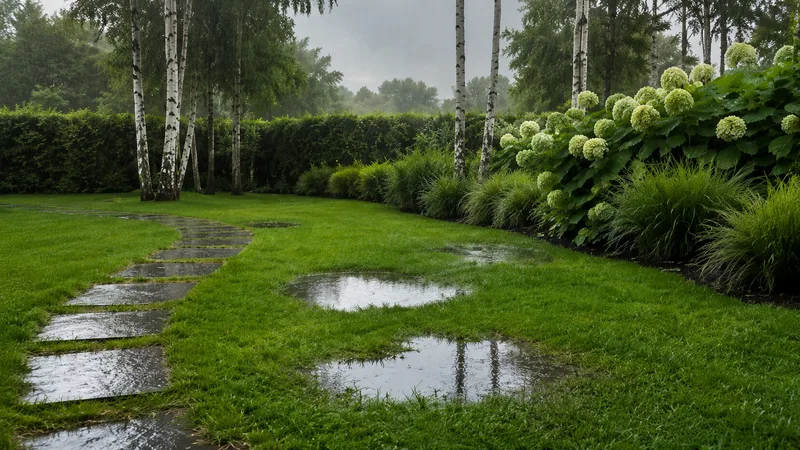 Kałuże wody na trawniku w ogrodzie po opadach deszczu